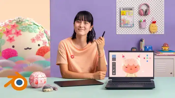 A person with short dark hair sits at a desk holding a stylus, using a drawing tablet and laptop displaying a cute character. Colorful toys and art supplies surround them as they take courses online in a bright, cheerful room.