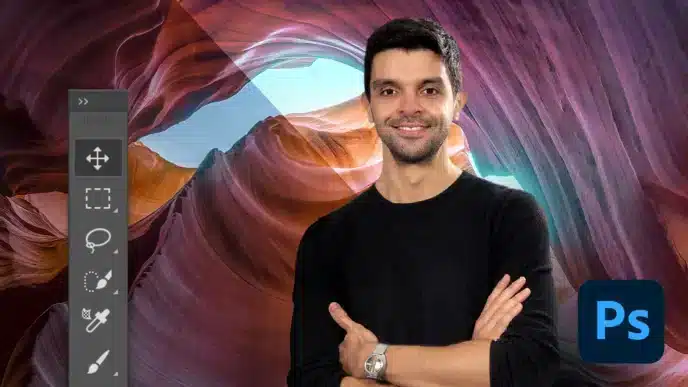 A smiling man with folded arms stands in front of a colorful canyon background, while Photoshop editing tools and the Photoshop logo appear on the left, highlighting creativity through courses online.