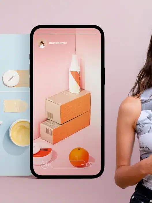 A smiling woman holding a smartphone stands next to an Instagram logo and images of products, including skincare items, an orange, and a purse—promoting courses online displayed on her phone screen and colored boards.