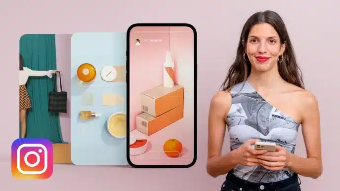 A smiling woman holding a smartphone stands next to an Instagram logo and images of products, including skincare items, an orange, and a purse—promoting courses online displayed on her phone screen and colored boards.