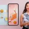 A smiling woman holding a smartphone stands next to an Instagram logo and images of products, including skincare items, an orange, and a purse—promoting courses online displayed on her phone screen and colored boards.