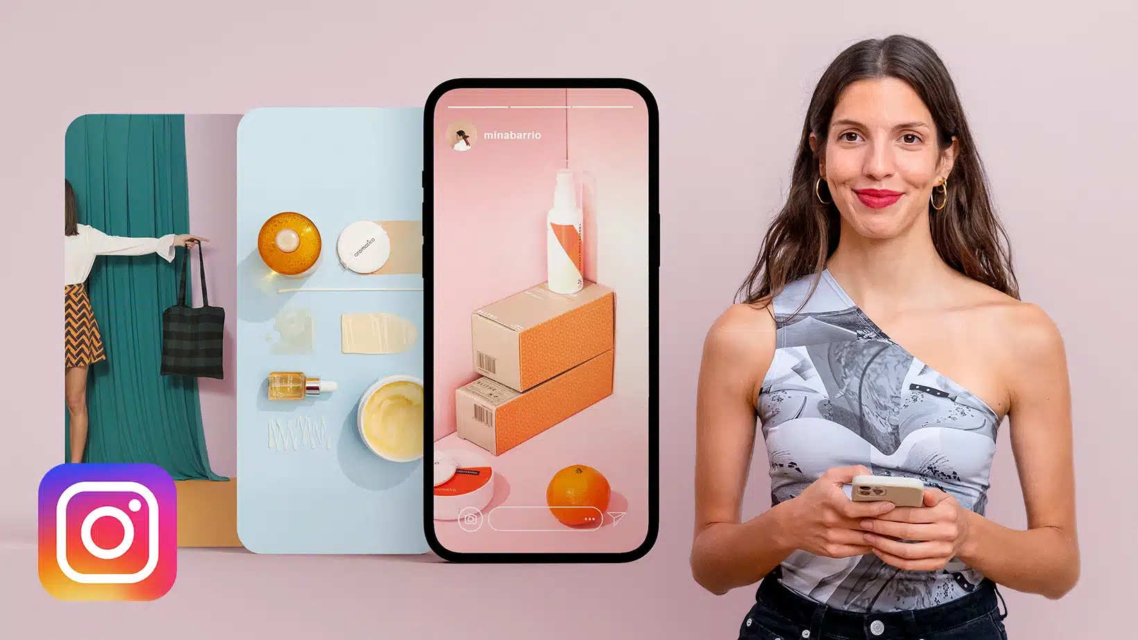 A smiling woman holding a smartphone stands next to an Instagram logo and images of products, including skincare items, an orange, and a purse—promoting courses online displayed on her phone screen and colored boards.