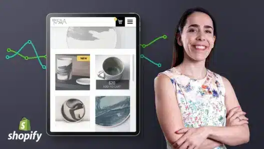 A smiling woman stands with folded arms next to a large tablet displaying an online shop selling ceramic items and courses online. The Shopify logo is in the corner, and green graph lines appear in the background.