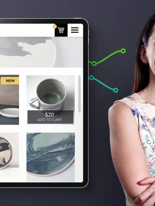 A smiling woman stands with folded arms next to a large tablet displaying an online shop selling ceramic items and courses online. The Shopify logo is in the corner, and green graph lines appear in the background.