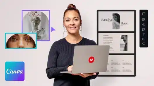 A woman holding a laptop smiles at the camera. Behind her are digital design elements, profile images, and a resume template on a screen, highlighting courses online. The Canva logo appears in the lower left corner.