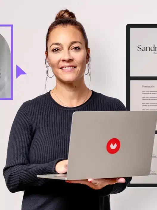 A woman holding a laptop smiles at the camera. Behind her are digital design elements, profile images, and a resume template on a screen, highlighting courses online. The Canva logo appears in the lower left corner.