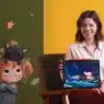 A woman sits on a chair against a yellow wall, smiling and holding a tablet displaying digital art. Next to her is an illustrated character with a black cat on her head, set against a green background. Procreate logo and courses online are visible.