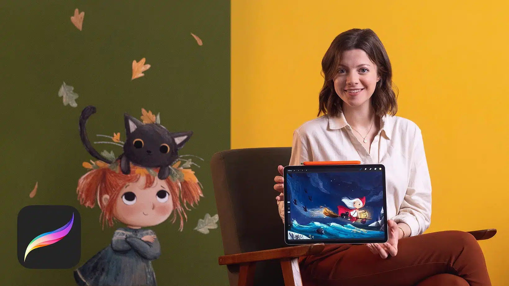 A woman sits on a chair against a yellow wall, smiling and holding a tablet displaying digital art. Next to her is an illustrated character with a black cat on her head, set against a green background. Procreate logo and courses online are visible.