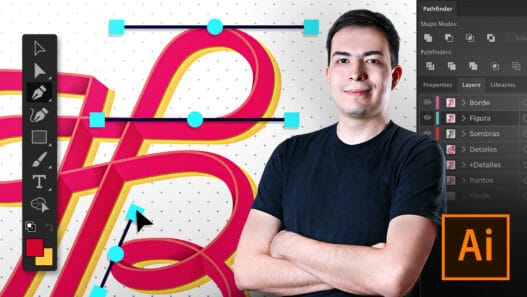 A smiling man in a black shirt stands with arms crossed beside a colorful 3D letter illustration and Adobe Illustrator interface, suggesting digital graphic design work or courses online in progress.