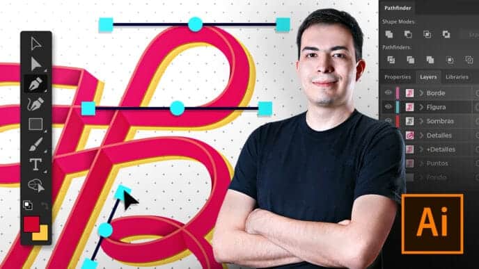 A smiling man in a black shirt stands with arms crossed beside a colorful 3D letter illustration and Adobe Illustrator interface, suggesting digital graphic design work or courses online in progress.