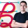 A smiling man in a black shirt stands with arms crossed beside a colorful 3D letter illustration and Adobe Illustrator interface, suggesting digital graphic design work or courses online in progress.