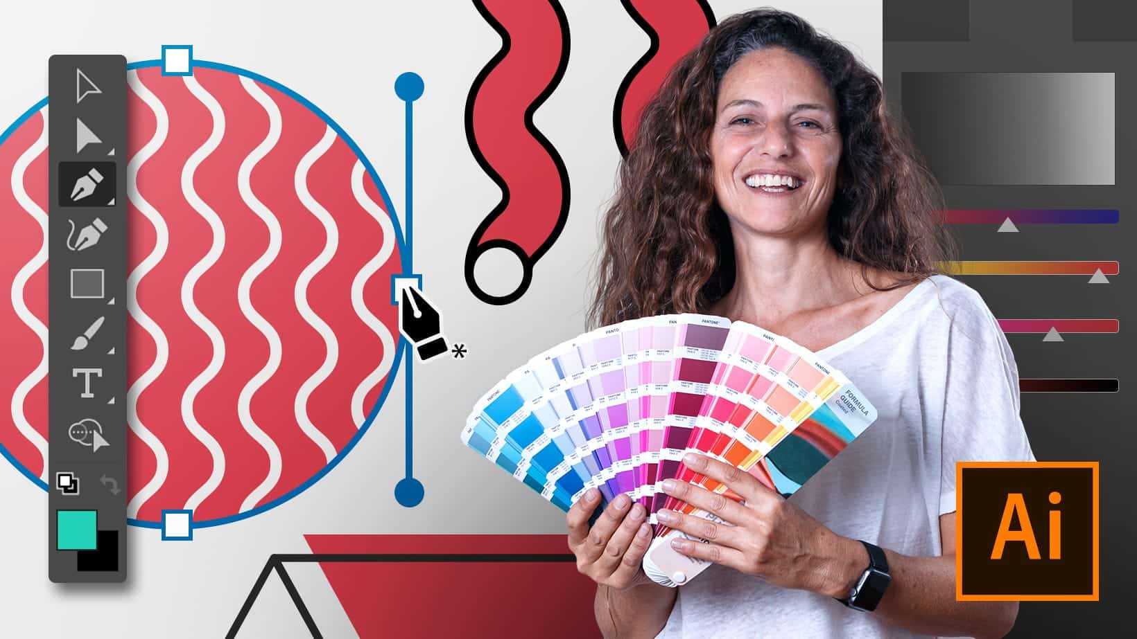 A smiling woman holds a color swatch fan. Behind her is digital art with wavy lines, geometric shapes, and Adobe Illustrator interface elements, hinting at creative courses online for aspiring designers.