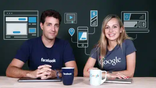 Two people sit at a table with laptops and mugs, both wearing branded shirts—one with Facebook and the other with Google. The background features digital icons, highlighting social media, technology, and opportunities to learn courses online.