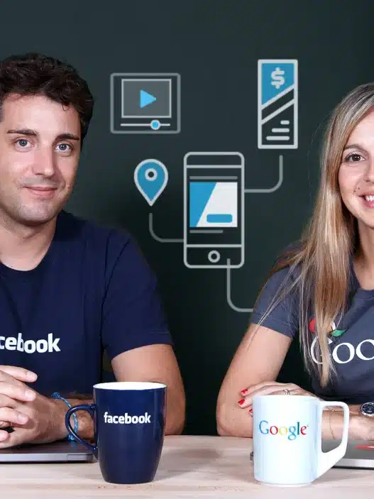 Two people sit at a table with laptops and mugs, both wearing branded shirts—one with Facebook and the other with Google. The background features digital icons, highlighting social media, technology, and opportunities to learn courses online.