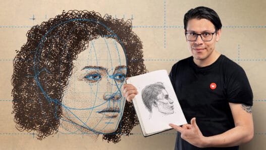 A man wearing glasses holds and points to a sketchbook showing a human skull profile drawing. Behind him is a large, detailed, grid-lined illustration of a womans face with curly hair—perfect for promoting art courses online.