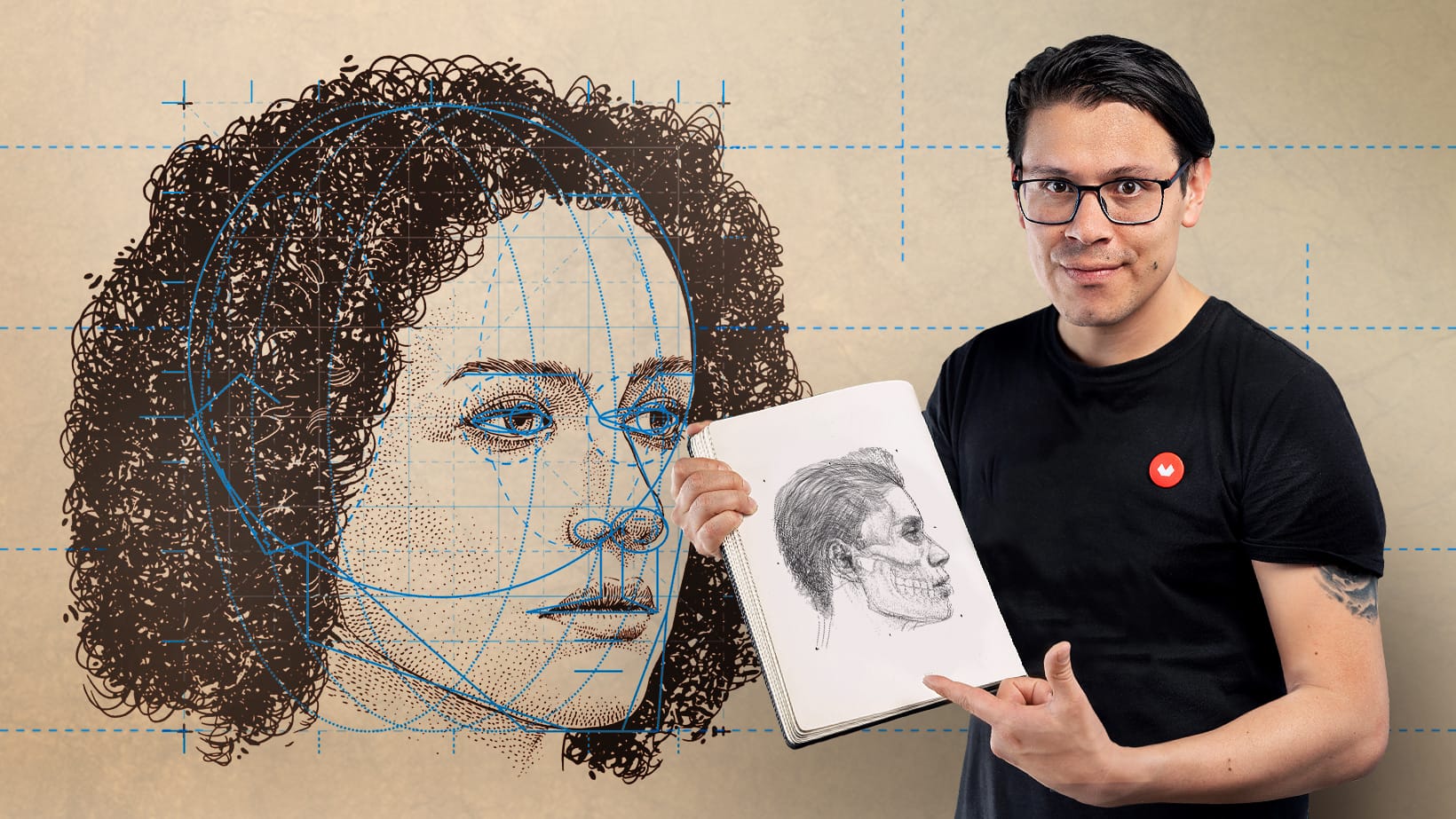 A man wearing glasses holds and points to a sketchbook showing a human skull profile drawing. Behind him is a large, detailed, grid-lined illustration of a womans face with curly hair—perfect for promoting art courses online.