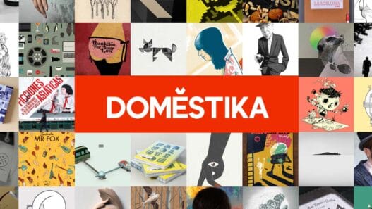 A collage of various creative artwork and illustrations surrounds a bold red rectangle with the white text DOMESTIKA in the center, showcasing sketches, paintings, digital art, and graphic designs inspired by their courses online.