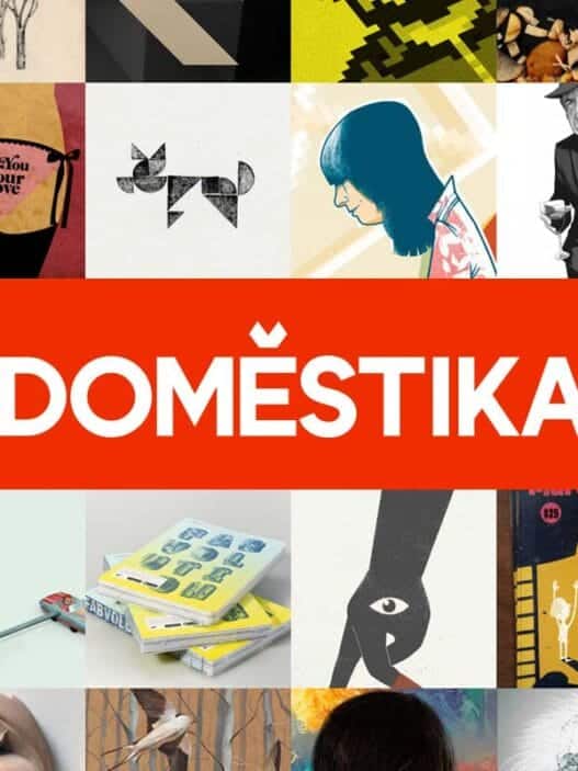 A collage of various creative artwork and illustrations surrounds a bold red rectangle with the white text DOMESTIKA in the center, showcasing sketches, paintings, digital art, and graphic designs inspired by their courses online.