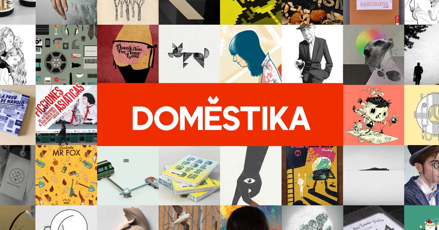 A collage of various creative artwork and illustrations surrounds a bold red rectangle with the white text DOMESTIKA in the center, showcasing sketches, paintings, digital art, and graphic designs inspired by their courses online.