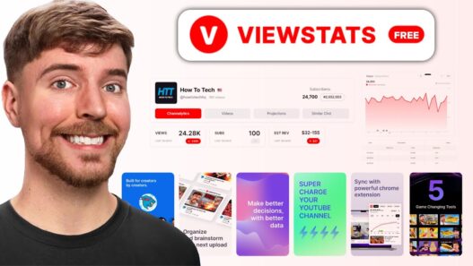 A smiling man stands next to graphics showing YouTube channel analytics, a VIEWSTATS logo, charts, and colorful panels promoting YouTube tools, features, and courses online for creators.