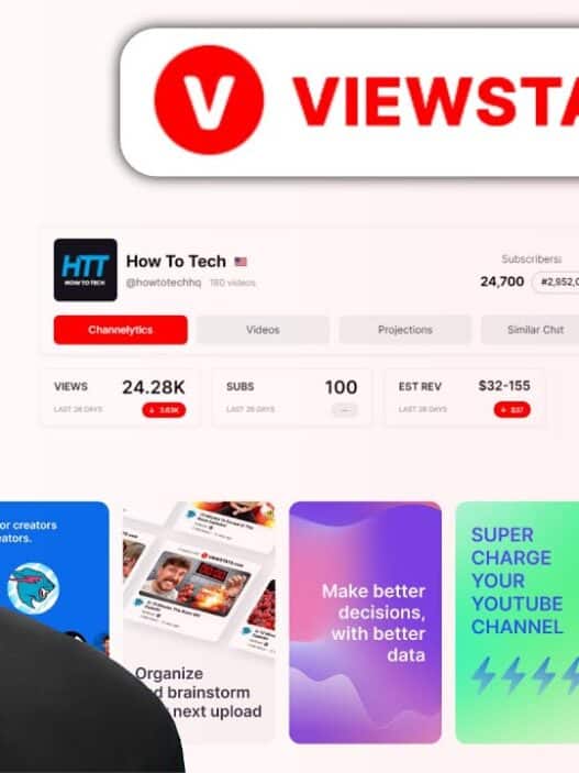 A smiling man stands next to graphics showing YouTube channel analytics, a VIEWSTATS logo, charts, and colorful panels promoting YouTube tools, features, and courses online for creators.
