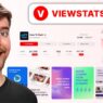 A smiling man stands next to graphics showing YouTube channel analytics, a VIEWSTATS logo, charts, and colorful panels promoting YouTube tools, features, and courses online for creators.