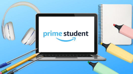 A laptop displaying the “prime student” logo, surrounded by headphones, a notebook, highlighters, and pens on a blue background—everything you need for taking courses online.