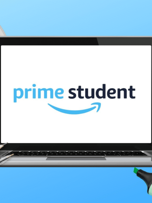A laptop displaying the “prime student” logo, surrounded by headphones, a notebook, highlighters, and pens on a blue background—everything you need for taking courses online.