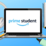 A laptop displaying the “prime student” logo, surrounded by headphones, a notebook, highlighters, and pens on a blue background—everything you need for taking courses online.