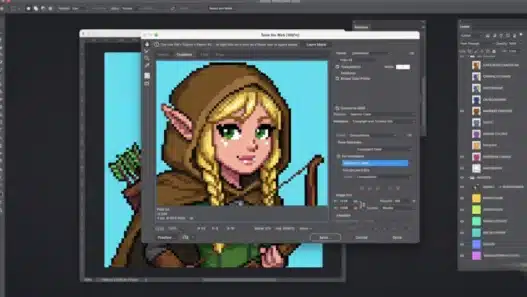 A computer screen displays Adobe Photoshop 2022 with a Save for Web window open, showing a pixel art image of a blonde elf character with green eyes, wearing a hooded cloak and holding a bow and arrows.