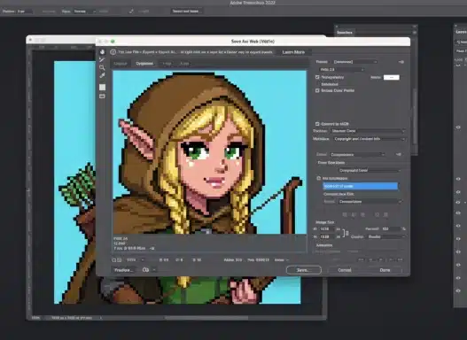 A computer screen displays Adobe Photoshop 2022 with a Save for Web window open, showing a pixel art image of a blonde elf character with green eyes, wearing a hooded cloak and holding a bow and arrows.