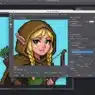 A computer screen displays Adobe Photoshop 2022 with a Save for Web window open, showing a pixel art image of a blonde elf character with green eyes, wearing a hooded cloak and holding a bow and arrows.