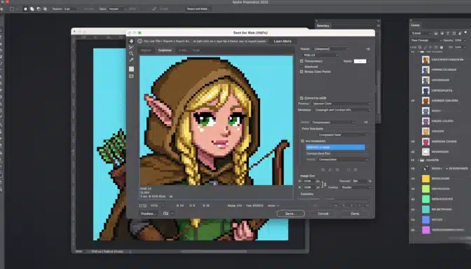 A computer screen displays Adobe Photoshop 2022 with a Save for Web window open, showing a pixel art image of a blonde elf character with green eyes, wearing a hooded cloak and holding a bow and arrows.