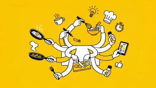 Illustration of a person with many arms multitasking in the kitchen, cooking, mixing, using a timer, checking a tablet, and more, against a bright yellow background.