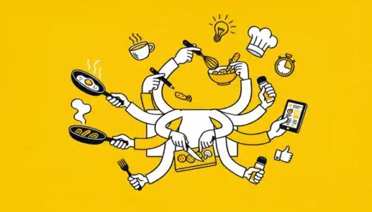 Illustration of a person with many arms multitasking in the kitchen, cooking, mixing, using a timer, checking a tablet, and more, against a bright yellow background.