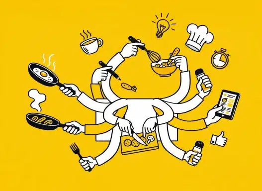 Illustration of a person with many arms multitasking in the kitchen, cooking, mixing, using a timer, checking a tablet, and more, against a bright yellow background.