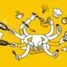 Illustration of a person with many arms multitasking in the kitchen, cooking, mixing, using a timer, checking a tablet, and more, against a bright yellow background.