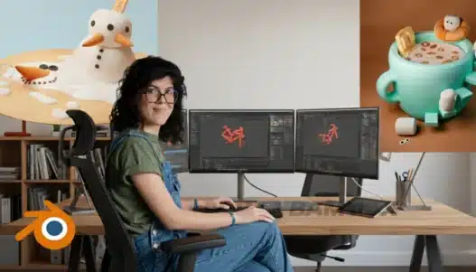 A woman sits at a desk with dual monitors displaying 3D modeling software. On the wall are two 3D art pieces: a melting snowman and a cup of hot chocolate with marshmallows. The Blender logo is in the corner.