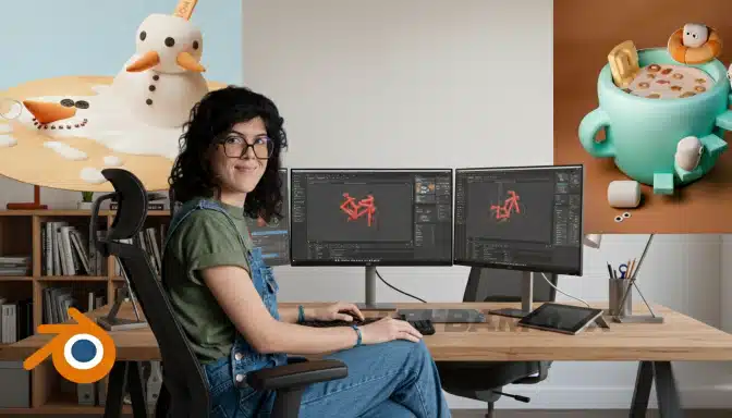 A woman sits at a desk with dual monitors displaying 3D modeling software. On the wall are two 3D art pieces: a melting snowman and a cup of hot chocolate with marshmallows. The Blender logo is in the corner.