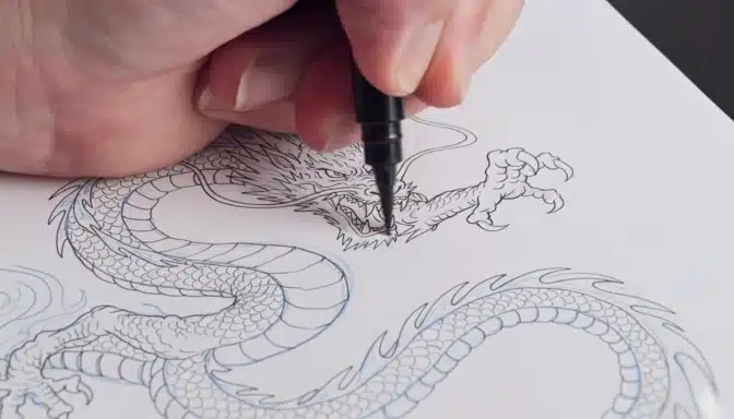 A close-up of a hand using a black pen to outline the head of a detailed dragon drawing on white paper.