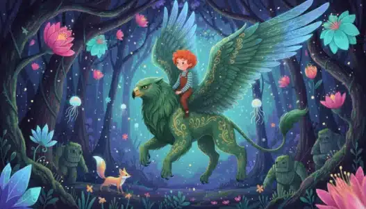 A curly-haired child rides a green, winged griffin through a magical forest with glowing flowers, jellyfish-like lights, statues, and a curious fox, all beneath a starry sky.
