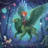 A curly-haired child rides a green, winged griffin through a magical forest with glowing flowers, jellyfish-like lights, statues, and a curious fox, all beneath a starry sky.