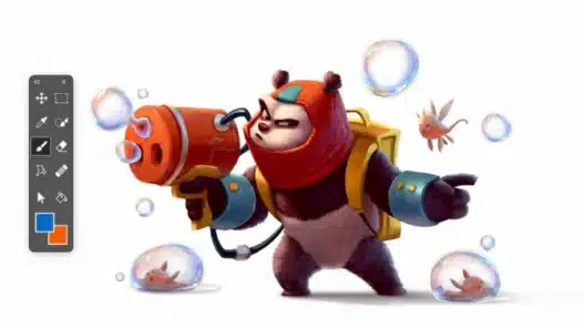 A cartoon panda in a red hat aims a bubble gun, surrounded by floating bubbles with small goldfish inside. An illustration toolbar is visible on the left side of the image.
