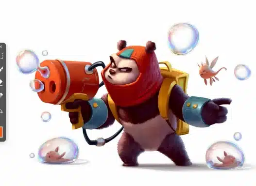 A cartoon panda in a red hat aims a bubble gun, surrounded by floating bubbles with small goldfish inside. An illustration toolbar is visible on the left side of the image.