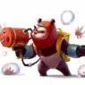 A cartoon panda in a red hat aims a bubble gun, surrounded by floating bubbles with small goldfish inside. An illustration toolbar is visible on the left side of the image.