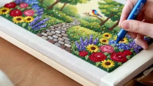 A hand embroiders colorful flowers and a stone path on fabric, with a vibrant garden and a bird in the background, creating a detailed nature scene with thread.