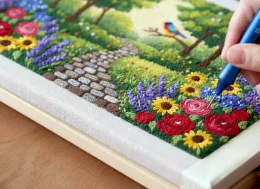 A hand embroiders colorful flowers and a stone path on fabric, with a vibrant garden and a bird in the background, creating a detailed nature scene with thread.