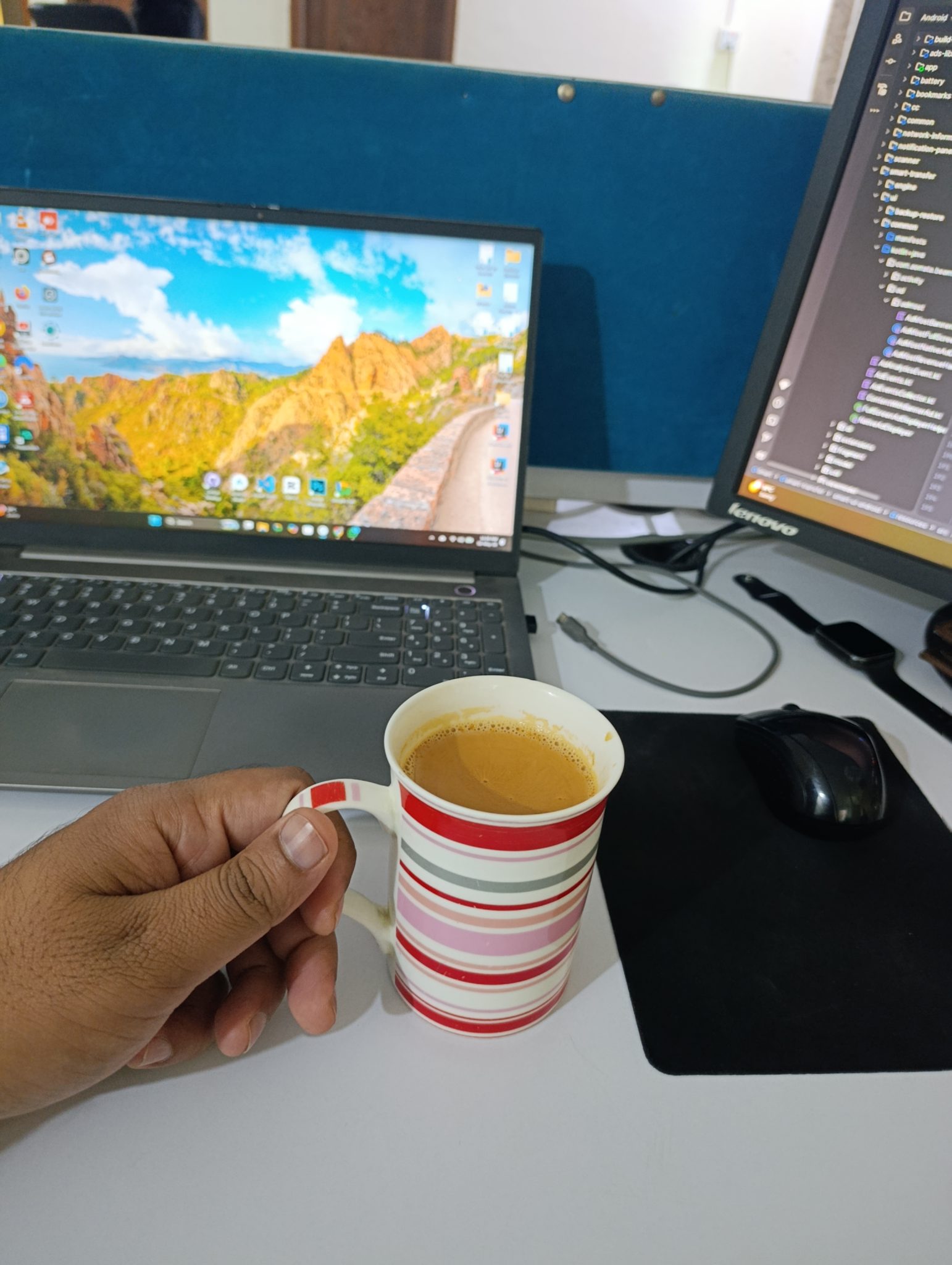 Tea break at a desk while planning course content