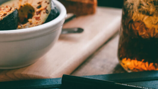 Productivity journal with morning coffee