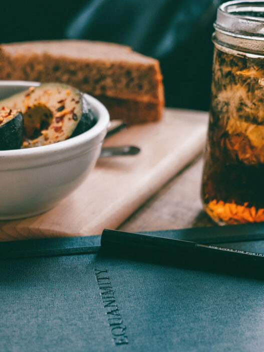 Productivity journal with morning coffee